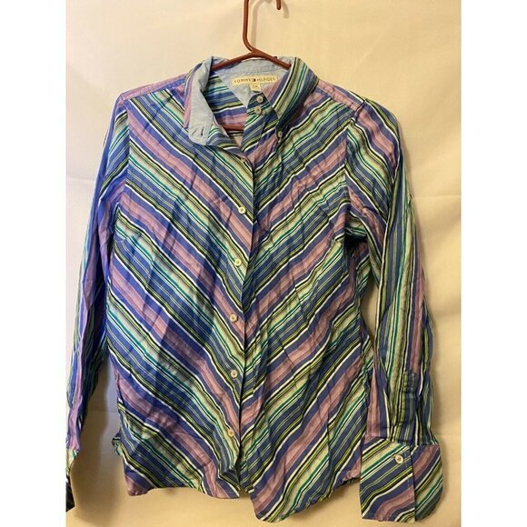 TOMMY HILFIGER WOMENS SIZE LARGE PURPLE STRIPE BUTTON UP SHIRT TOP BLOUSE - Picture 1 of 3